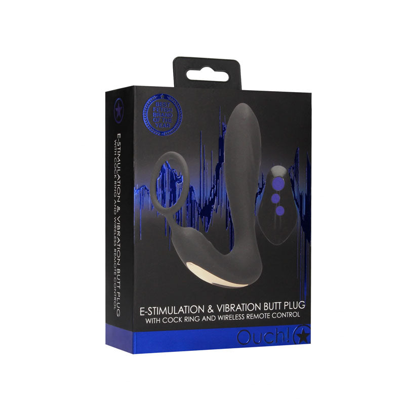 OUCH! E-stim & Vibrating Butt Plug Cock Ring - Black USB Rechargeable Vibrating Butt Plug & Cock Ring with e-Stim